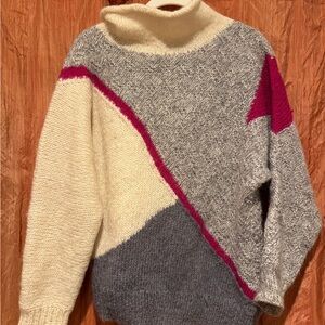 Colorblock Turtleneck Sweater - Cream, Gray, and Pink